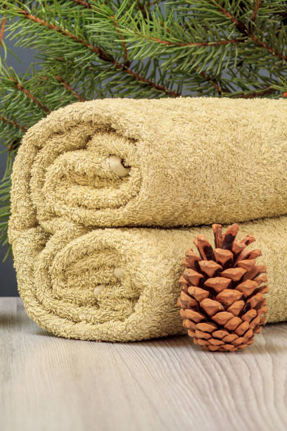 istock Spa composition with soft terry towel and fir tree branch on wooden boards 1292683032
