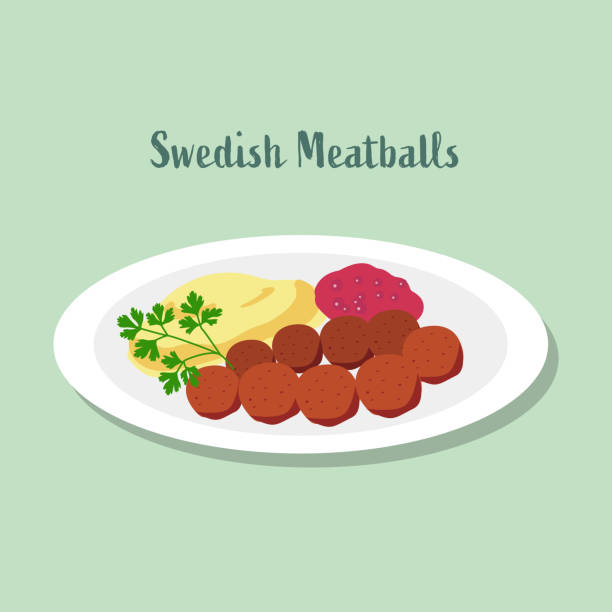 bildbanksillustrationer, clip art samt tecknat material och ikoner med swedish cuisine, köttbullar med lingonsås illustration - potatis sweden
