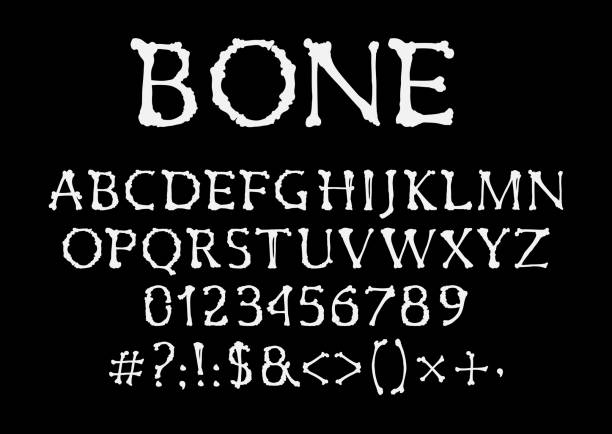 кости шрифт, хэллоуин abc типа, верхний алфавит - human skeleton halloween skull human bone stock illustrations