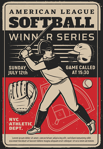 Softball player at sport tournament vintage grunge vector flyer. Baseball sportsman in helmet with bat hit ball on stadium, softball game american league, college championship invitation retro poster