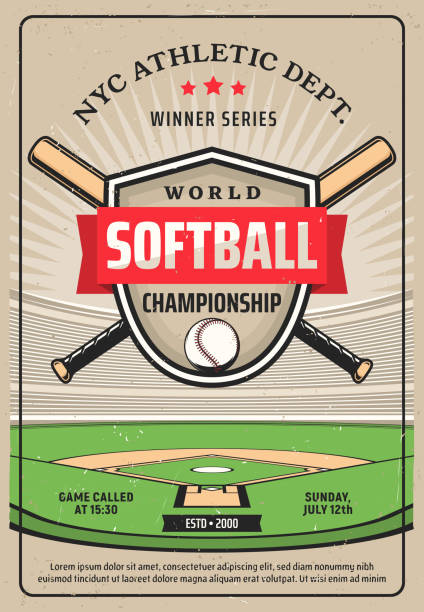 Softball championship league grunge vector flyer Softball championship grunge vector flyer, sport game tournament. Crossed baseball bats, ball and shield on softball field. Nyc athletic dept game winner series, college league invitation retro poster softball stock illustrations