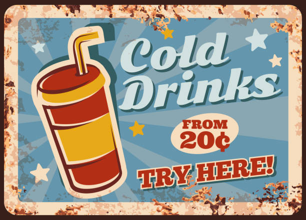 Cold drinks rusty metal plate, vector beverage Cold drinks rusty metal plate, vector summer beverage in disposable paper or plastic takeaway cup with lid and straw. Vintagesoda drink or cool coffee retro poster, ferruginous price tag old straw hat stock illustrations