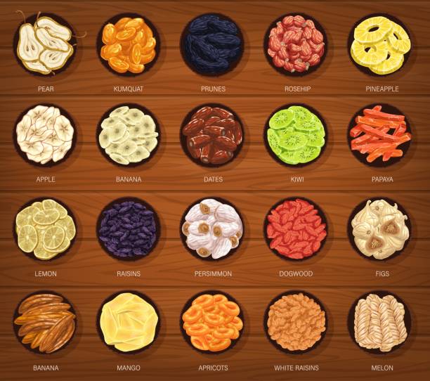 Dried fruits sliced on rings and sticks vector set Dried fruits dessert vector set. Kumquat, pear and prune, raisin, apricot and mango, banana, fig and dogwood, persimmon, lemon and papaya, kiwi, dates and apple, pineapple and rosehip, melon on plates grape pruning stock illustrations
