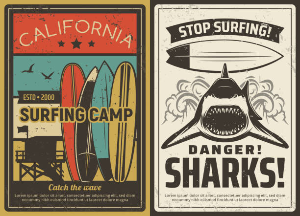 ilustrações de stock, clip art, desenhos animados e ícones de surfing camp and shark danger retro vector poster - lifeguard association