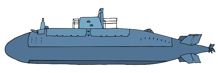 Beautiful military submarine, hand drawing. Blue underwater vessel isolated on white background, side view. Vector illustration.