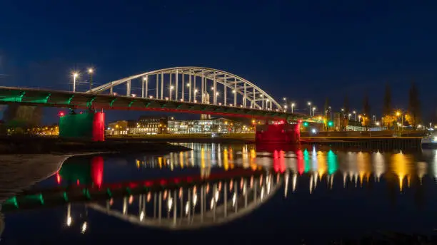 Beautiful night picture off the skyline of Arnhem city and the bridge