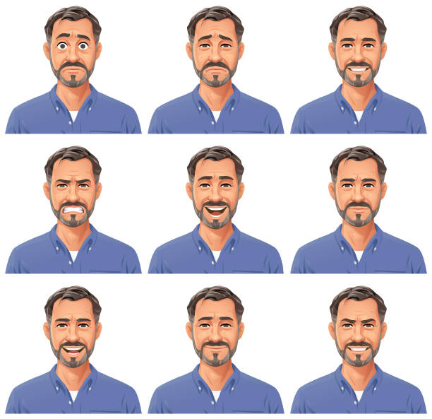 Mature Man With Beard Portrait- Emotions Vector illustration of a bearded mature man with nine different facial expressions: angry, talking, laughing, stunned/surprised, mean/smirking, smiling, sceptic, anxious, neutral. Portraits perfectly match each other and can be easily used for facial animation. beard illustrations stock illustrations