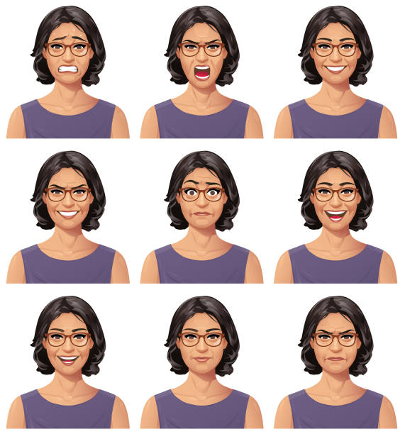 Woman With Glasses Portrait - Emotions Vector illustration of a young woman with glasses with nine different facial expressions: anxious, neutral, smiling, angry, furious/shouting, mean/smirking, talking, laughing, stunned/surprised. Portraits perfectly match each other and can be easily used for facial animation. Eyeglasses on seperate layer and can be removed. part of a series stock illustrations