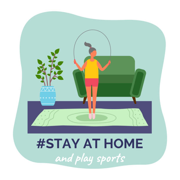 Stay at home and play sports, girl jumping rope, fitness exercises, quarantine isolation at home Stay at home and play sports. Quarantine self-isolation during spreading covid-19. Woman making sport exercises, fitness training. Home gym. Sportive girl jumping rope. Healthy energy lifestyle crossfit girl stock illustrations