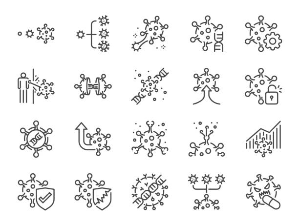 ilustrações de stock, clip art, desenhos animados e ícones de virus mutation line icon set. included icons as mutating, evolution, spread, coronavirus, covid-19 and more. - anti bacteria