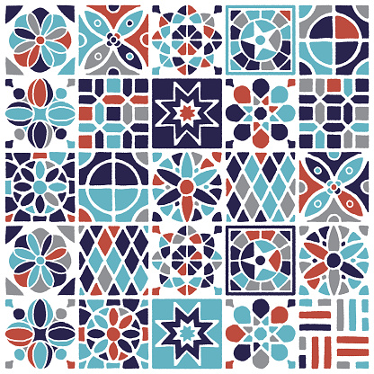 Various Turkish tiles and ceramics decorations combined to create seamless pattern illustration. Hand drawn vector graphic for creating fabrics, packaging, stationery, wallpaper designs.