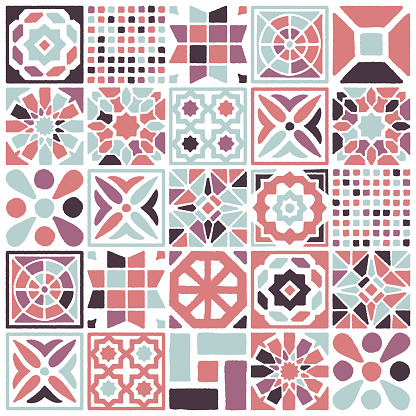 Various eclectic floor tile decorations combined to create seamless pattern illustration. Hand drawn vector graphic for creating fabrics, packaging, stationery, wallpaper designs.