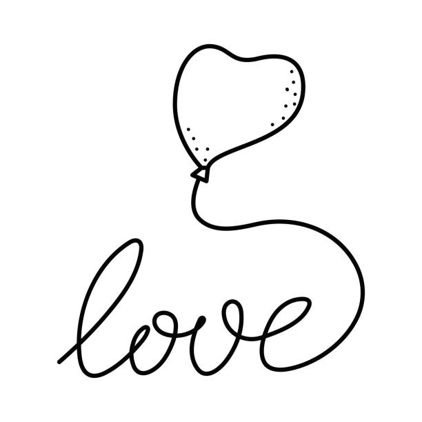 słodkie kolorowe balony w kształcie serca w stylu doodle i odręcznie napis miłość na walentynki uroczystości. dobry do projektowania ślubu, kartki z życzeniami, zaproszenia dla nowożeńców, przyjęcia urodzinowego - chaos sketch heart shape two dimensional shape stock illustrations