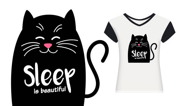 Happy Cute cat with text. Sleep is beautiful. Kawaii black cat. Vector cartoon Happy Cute cat with text. Sleep is beautiful. Kawaii black cat. Vector cartoon Illustration in flat. For printing on cup, t-shirts or Greeting card. cat muzzle meowing cartoon stock illustrations