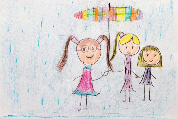 Three Girls, Umbrella and Rain stock photo