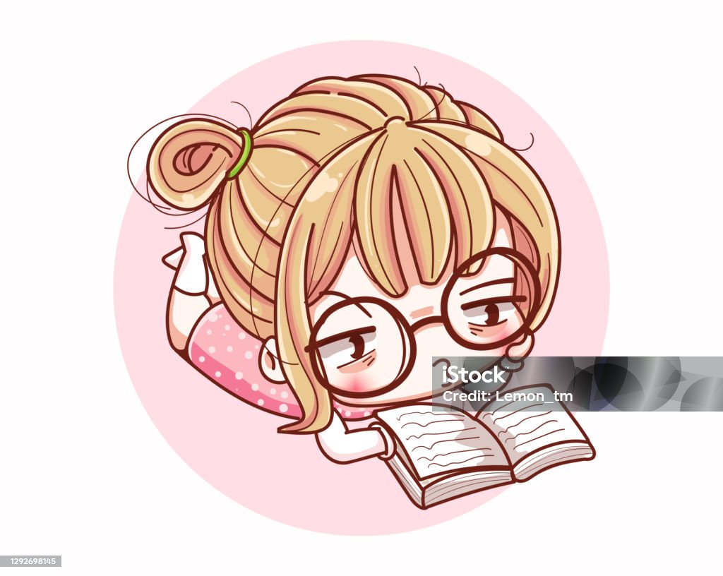 Cute Girl Reading A Book And Cartoon Character Design Stock ...