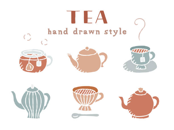 A set of doodle illustrations of tea time such as tea, mugs, tea packs, teapots, etc. A set of doodle illustrations of tea time such as tea, mugs, tea packs, teapots, etc. food cake tea sketch stock illustrations