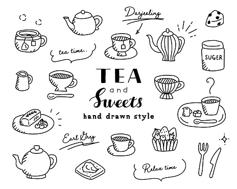 A set of teatime doodle illustrations of tea and sweets such as mugs, tea packs, tarts, teapots, etc.