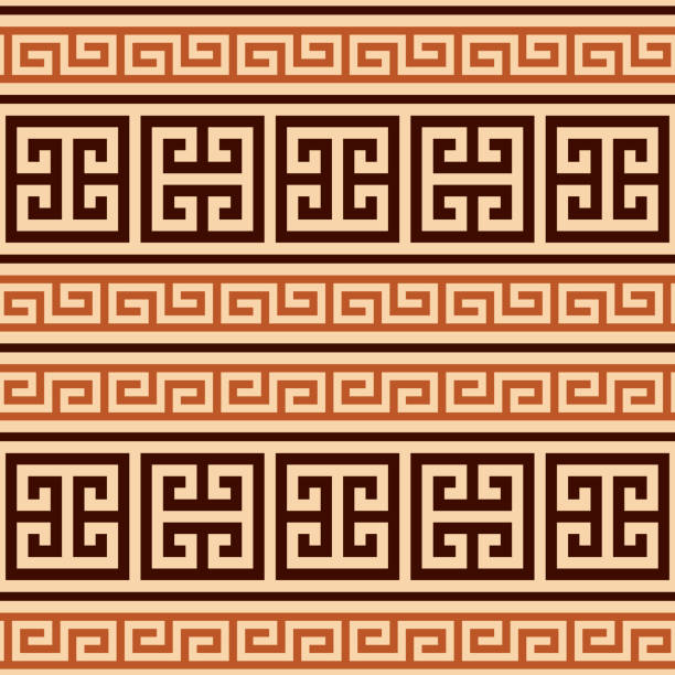 griechische schlüssel nahtlose vektor geometrische braun und gelb muster inspiriert von antiken griechenland keramik und keramik kunst - griechisches tattoo stock-grafiken, -clipart, -cartoons und -symbole