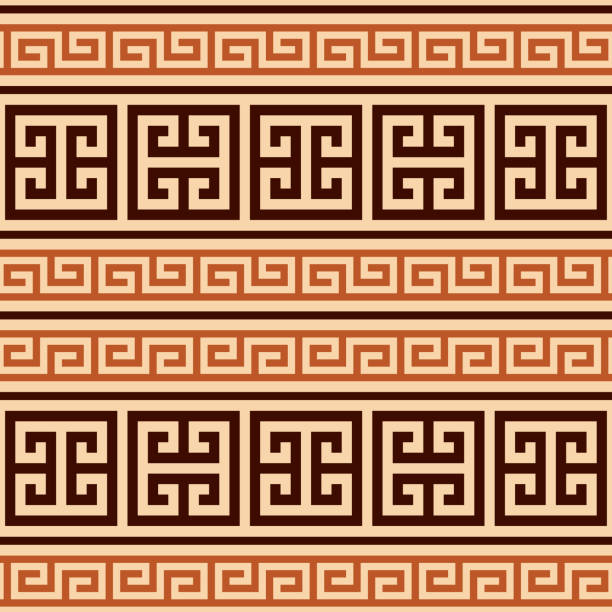 grecki klucz bezszwowy wektor geometryczny brązowy i żółty wzór inspirowany starożytną grecji ceramiki i sztuki ceramicznej - key pattern stock illustrations