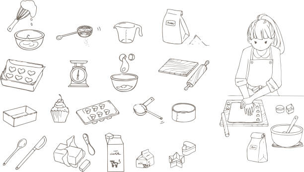 illustrations, cliparts, dessins animés et icônes de ensemble d’illustration d’art de ligne pour faire des sucreries - cuillère mesure