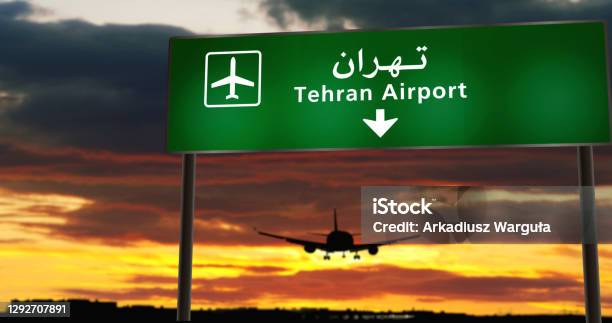 Plane Landing In Tehran Iran Airport With Signboard Stock Photo - Download Image Now