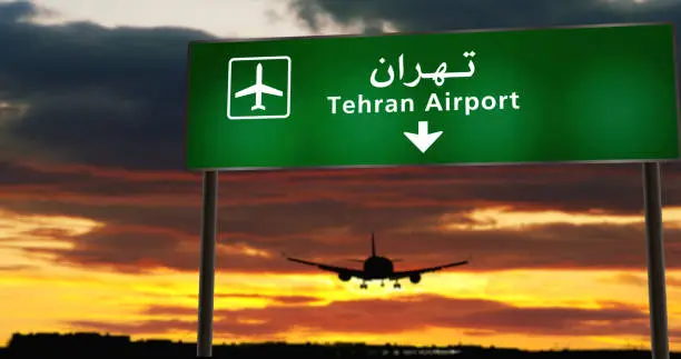 Airplane silhouette landing in Tehran, Iran. City arrival with airport direction signboard and sunset in background. Trip and transportation concept 3d illustration.