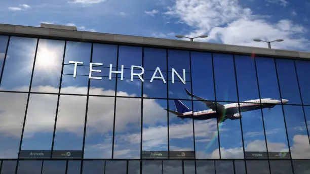Jet aircraft landing at Tehran, Iran 3D rendering illustration. Arrival in the city with the glass airport terminal and reflection of the plane. Travel, business, tourism and transport concept.