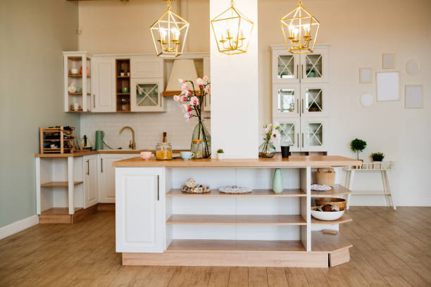 bright Scandinavian-style kitchen with a small island. design