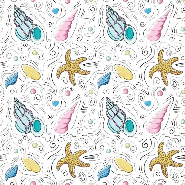 Vector illustration of Seashells vector seamless pattern in cartoon style. Yellow starfish, blue, pink, yellow seashells, hearts, spheres and black doodle lines