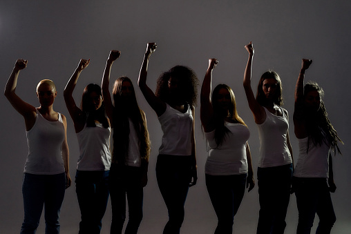 Silhouetted group of diverse women raised their arms, fists while standing over grey background. Diversity, womens rights concept. Selective focus. Horizontal shot