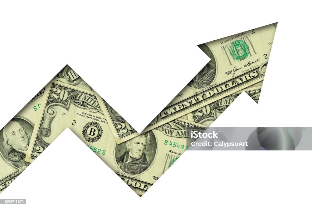 Upward arrow made of dollar banknotes on white background - Concept of growing and upward trend of dollar currency Currency Stock Photo