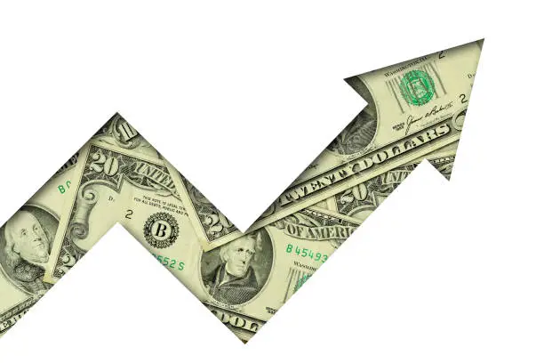 Photo of Upward arrow made of dollar banknotes on white background - Concept of growing and upward trend of dollar currency