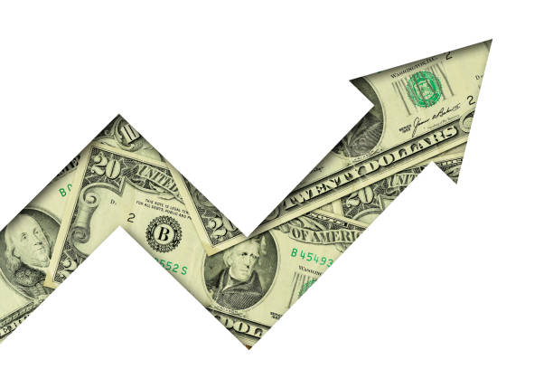 upward arrow made of dollar banknotes on white background - concept of growing and upward trend of dollar currency - fazer dinheiro imagens e fotografias de stock