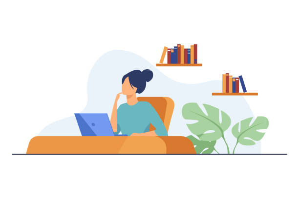 Student girl studying at laptop Student girl studying at laptop. Computer, books on shelves, sitting at desk flat vector illustration. Studying, distance learning concept for banner, website design or landing web page thinking stock illustrations