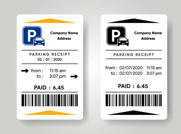 Vector illustration of Parking receipt template. Check from parking meter mock up. Price for car stay. Entrance and exit ticket from vehicle stand. Vector illustration design.