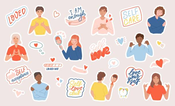 stockillustraties, clipart, cartoons en iconen met reeks stickers met mensen, motiverende zinnen en harten. concept lichaamspositief, zelfliefde en zelfacceptatie. vlakke beeldverhaalillustratie - self love