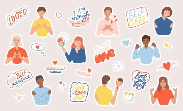 Vector illustration of Set of stickers with people, motivational phrases and hearts. Concept of body positive, self-love and self-acceptance. Flat cartoon illustration