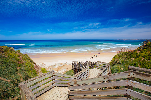 Staircase to the iconic Cape Woolamai Surf Beach on Phillip Island, Victoria, Australia