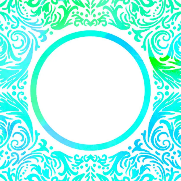 Vector illustration of Turquoise Watercolor Hand Drawn Floral Mandala Frame. Circle Green Turquoise Frame Isolated Background. Geometric Watercolor Frame Invitation Card Template. Floral Ring, Line Art.