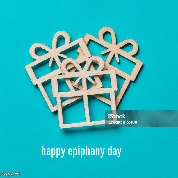 Gifts And Text Happy Epiphany Day Stock Photo - Download Image Now - Epiphany - Religious Celebration, Three Wise Men, Blue