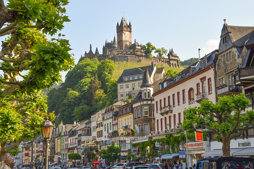Cochem, Germany - May 19 2018: view of Cochem Castle and town