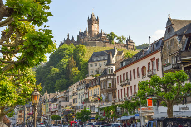 Cochem castle and town, Germany Cochem, Germany - May 19 2018: view of Cochem Castle and town essen germany stock pictures, royalty-free photos & images