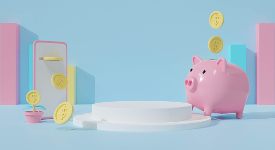 3d white podium on pastel blue background abstract. Pink piggy bank coins falling. Online money mobile cartoon. 3d rendering for pedestal winner, product mockup design. Creative ideas minimal.