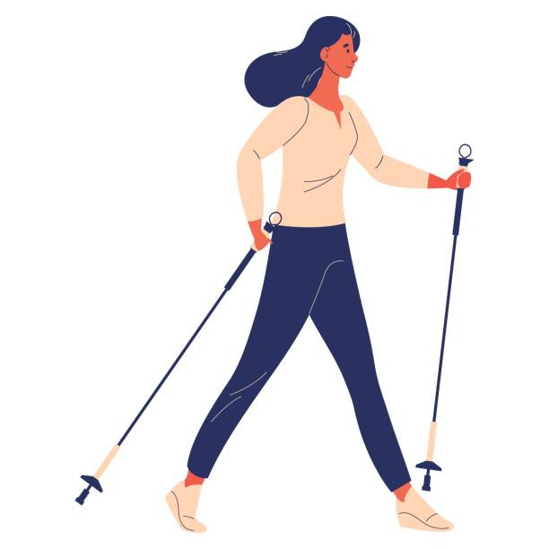 Woman training nordic walking. Cartoon vector character with poles isolated on white Woman training nordic walking. Cartoon vector character with poles isolated on white. swedish summer stock illustrations