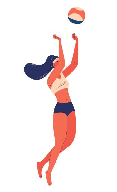 흰색에 고립 된 비치 발리볼 컨셉 일러스트. 수영복 점프에서 만화 여자 - volleying stock illustrations