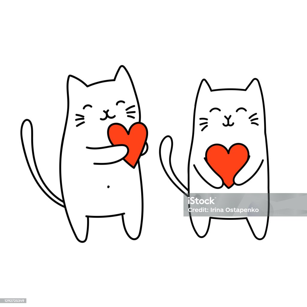 Cute Cats Hold Heart Vector Cartoon Drawing In Doodle Style Adorable Animals  St Valentines Day Card Stock Illustration - Download Image Now - iStock