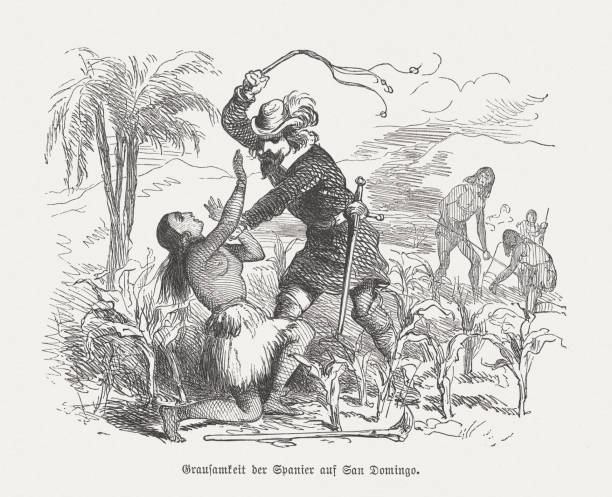 okrucieństwa hiszpanów na santo domingo, drzeworyt, opublikowane w 1876 roku - kolonializm stock illustrations