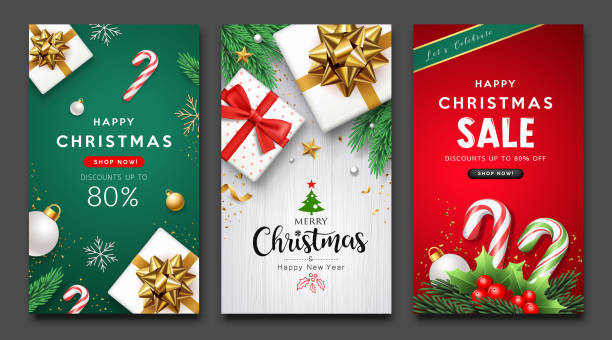 wesołych świąt i szczęśliwego nowego roku sprzedaż ulotka plakat trzy kolekcje projektowe tło - christmas gold green backgrounds stock illustrations