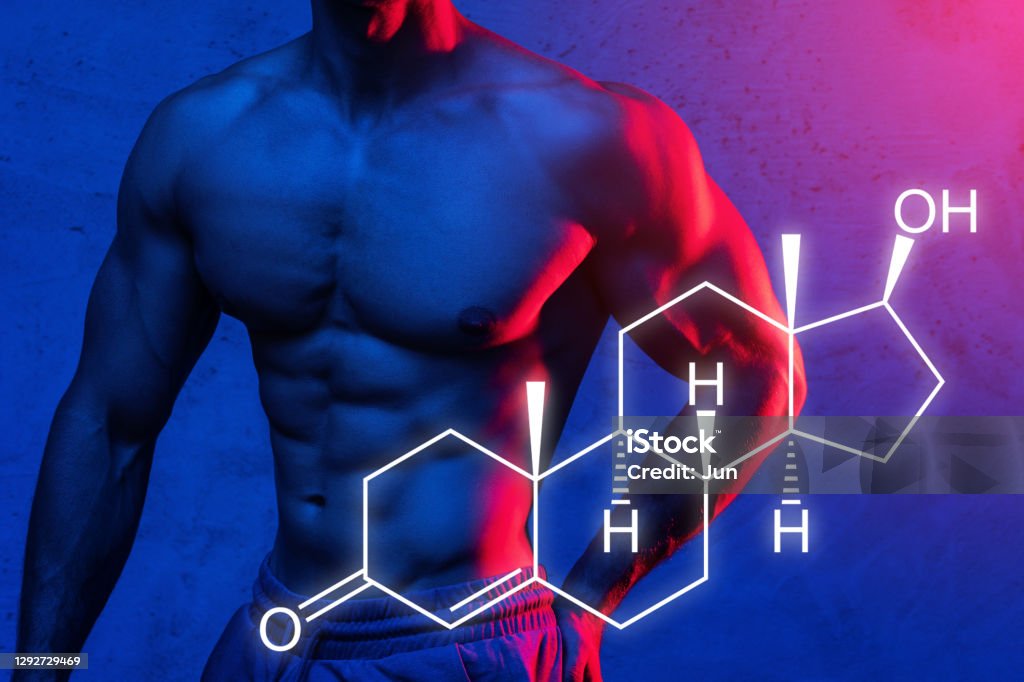 Muscular male torso and testosterone formula Muscular male torso and testosterone formula. Concept of hormone increasing methods. Testosterone Stock Photo